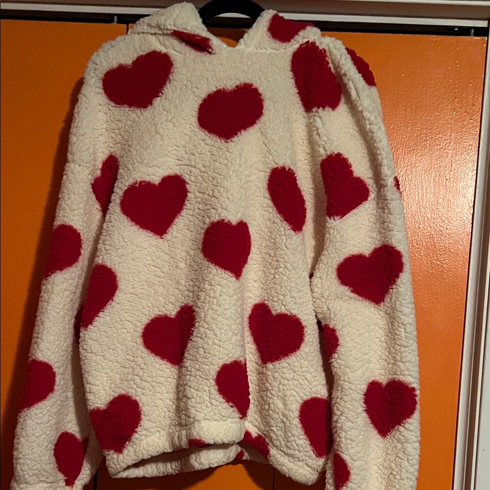 Cozy Heart Patterned Sweater with hood and front side pockets- Red & White